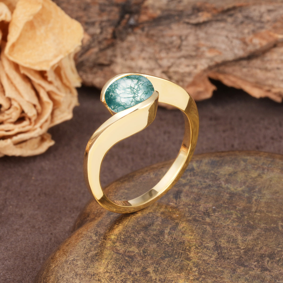 Unique Twisted, Entwined Round Cut Moss Agate Engagement Ring - Additional view