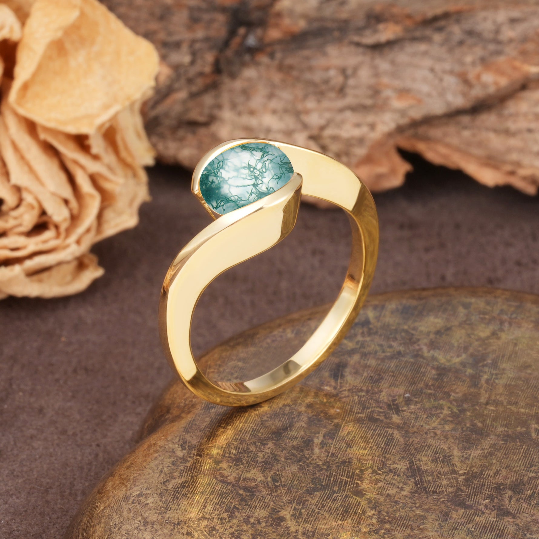 Unique Twisted, Entwined Round Cut Moss Agate Engagement Ring - Additional view