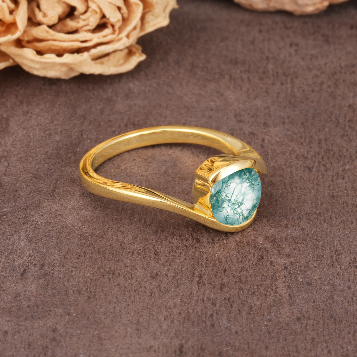 Unique Twisted, Entwined Round Cut Moss Agate Engagement Ring - Additional view