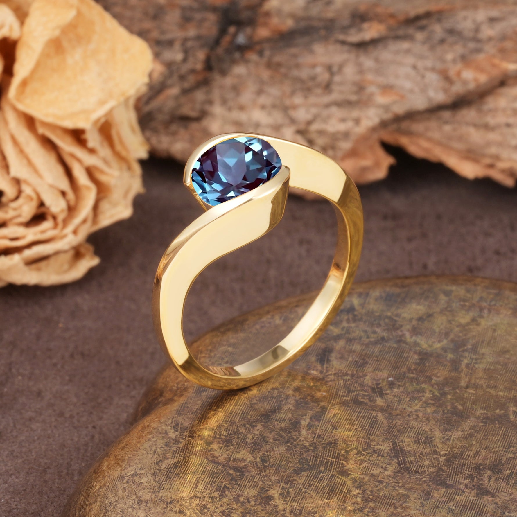 Unique Twisted, Entwined Round Cut Alexandrite Engagement Ring - Additional view