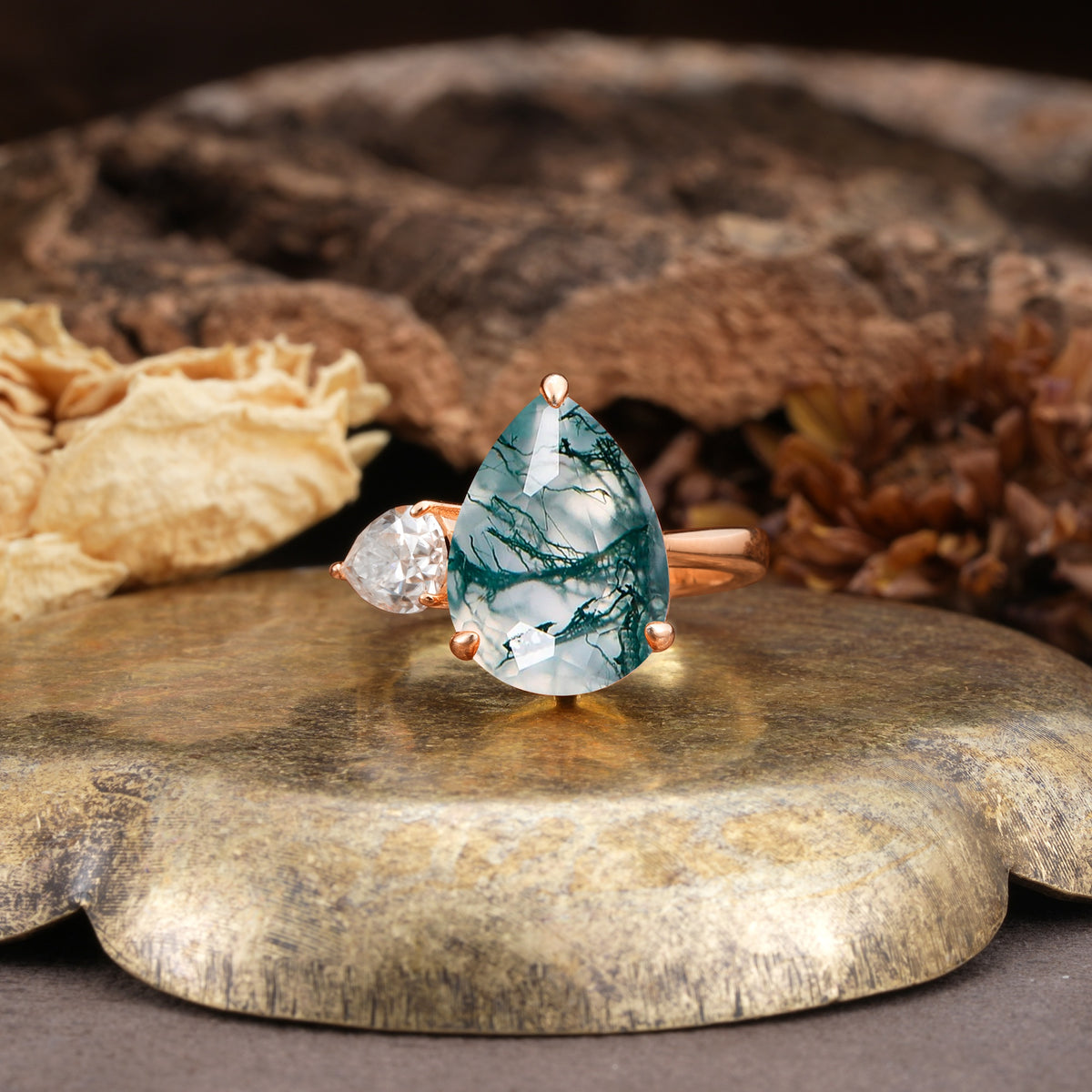Classic, Minimalist 3-Prong Pear Cut Moss Agate Two Stones Wedding Ring - Additional view
