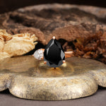 Classic, Minimalist 3-Prong Pear Cut Black Onyx Two Stones Wedding Ring - Additional view