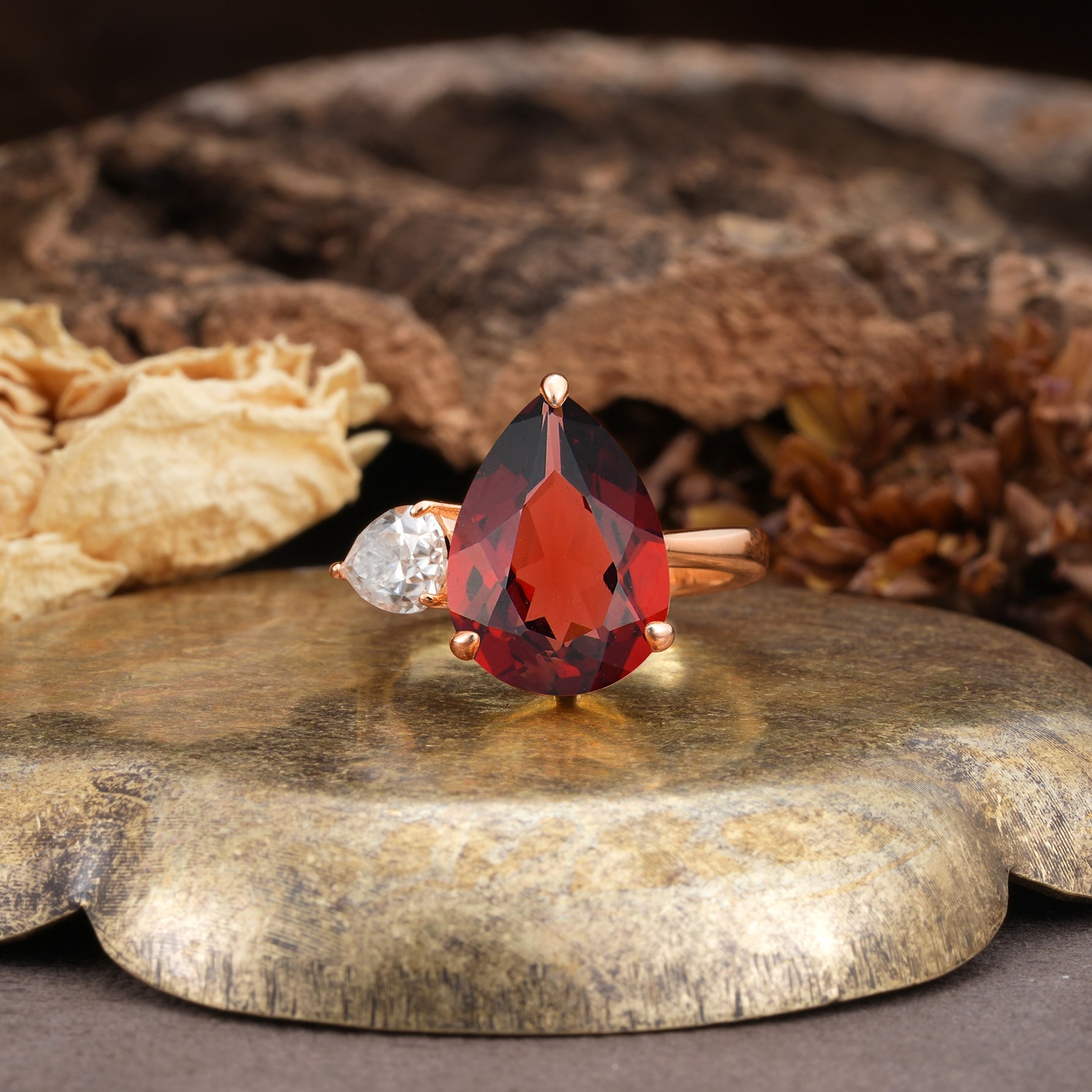 Classic, Minimalist 3-Prong Pear Cut Garnet Two Stones Wedding Ring - Additional view