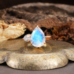 Classic, Minimalist 3-Prong Pear Cut Moonstone Two Stones Wedding Ring - Additional view