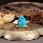 Classic, Minimalist 3-Prong Pear Cut Turquoise Two Stones Wedding Ring - Additional view