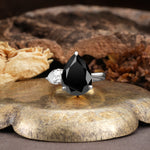 Classic, Minimalist 3-Prong Pear Cut Black Onyx Two Stones Wedding Ring - Additional view