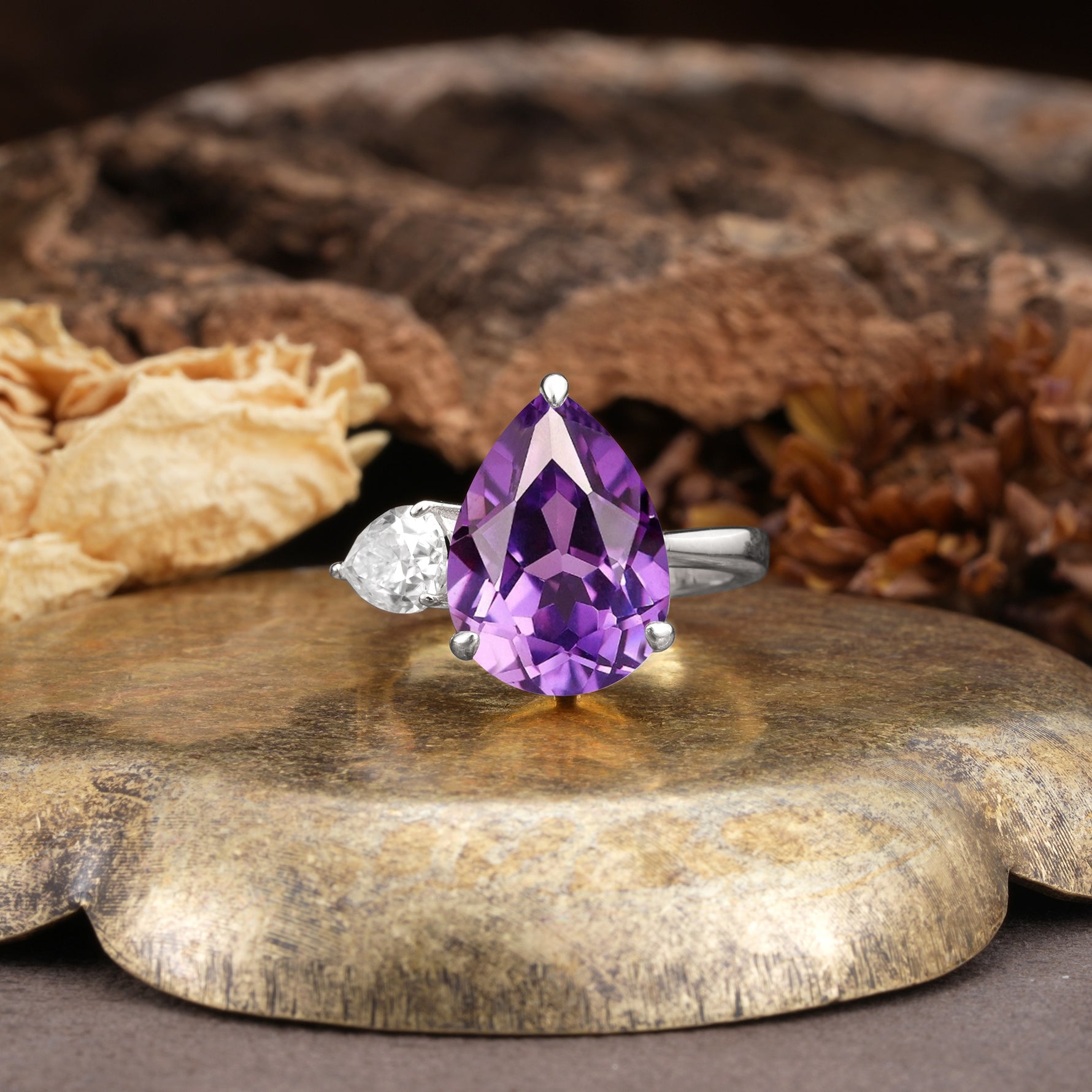 Classic, Minimalist 3-Prong Pear Cut Amethyst Two Stones Wedding Ring - Additional view