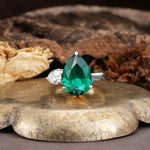 Classic, Minimalist 3-Prong Pear Cut Emerald Two Stones Wedding Ring - Additional view