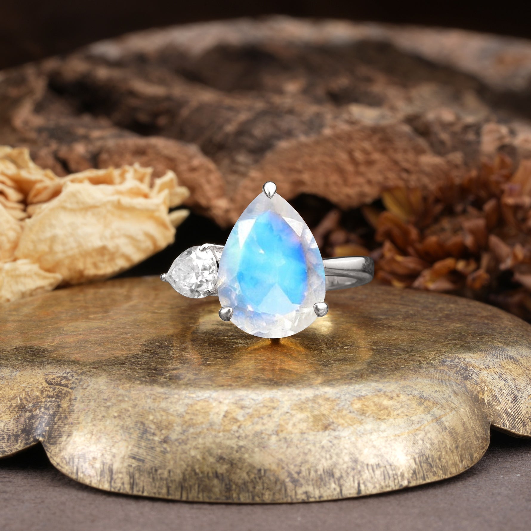 Classic, Minimalist 3-Prong Pear Cut Moonstone Two Stones Wedding Ring - Additional view