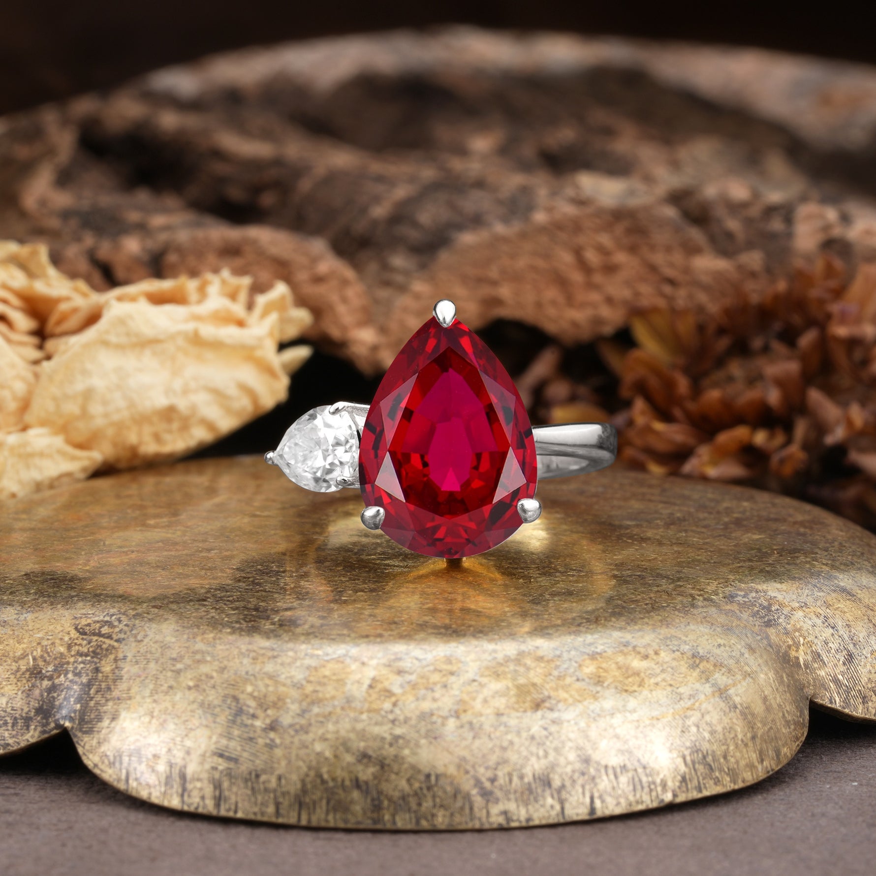 Classic, Minimalist 3-Prong Pear Cut Ruby Two Stones Wedding Ring - Additional view