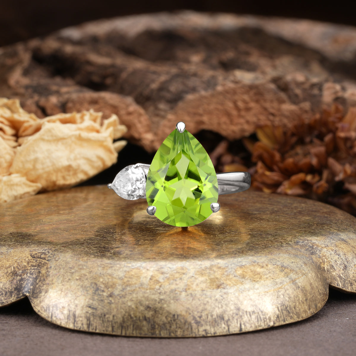 Classic, Minimalist 3-Prong Pear Cut Peridot Two Stones Wedding Ring - Additional view