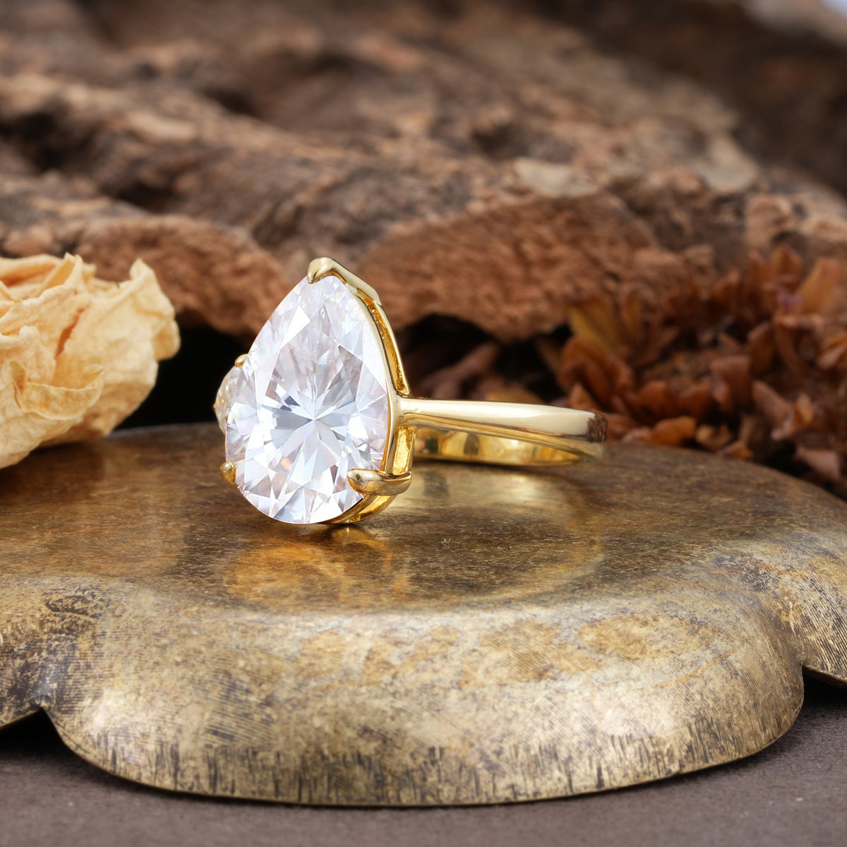 Classic, Minimalist 3-Prong Pear Cut Moissanite Two Stones Wedding Ring - Additional view