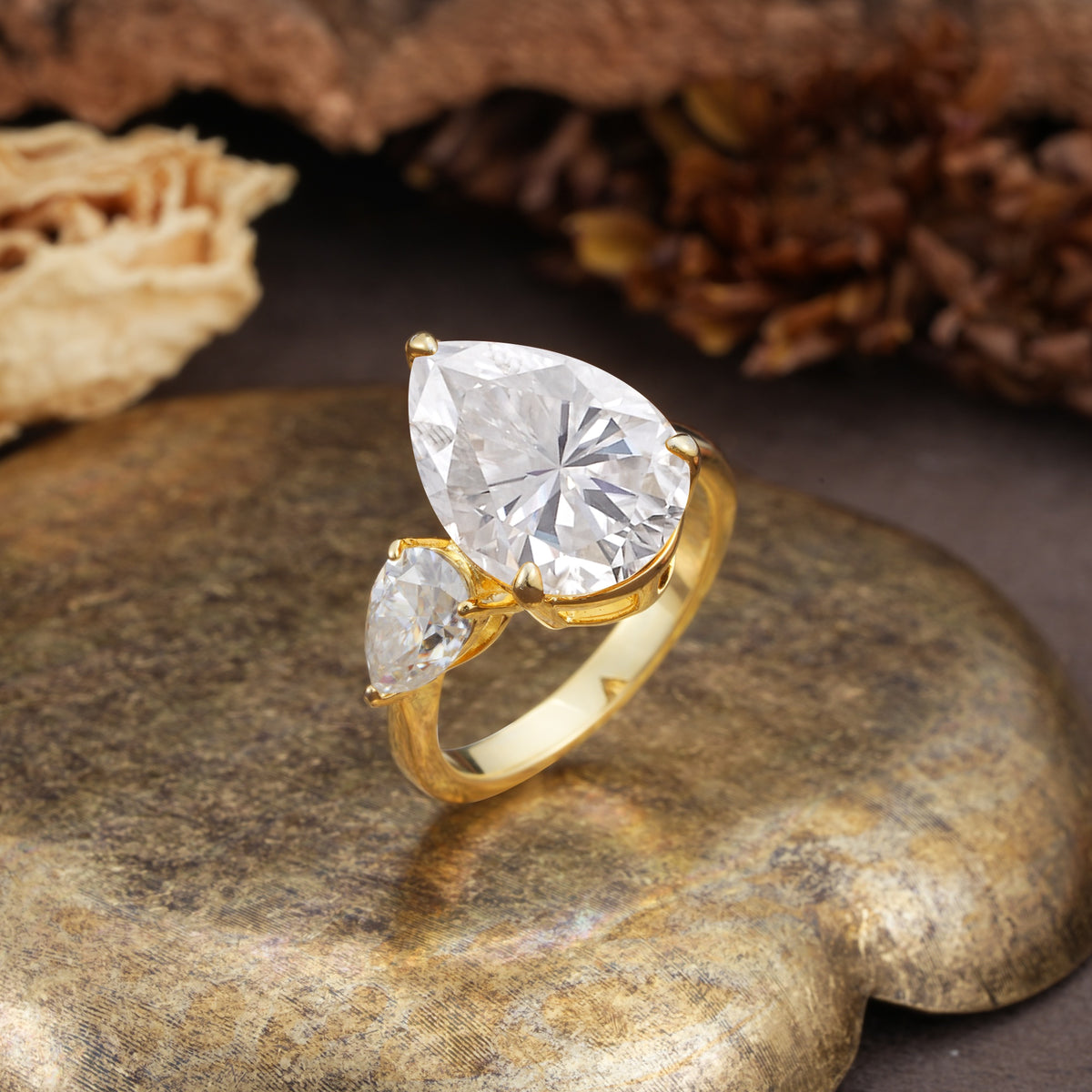 Classic, Minimalist 3-Prong Pear Cut Moissanite Two Stones Wedding Ring - Additional view