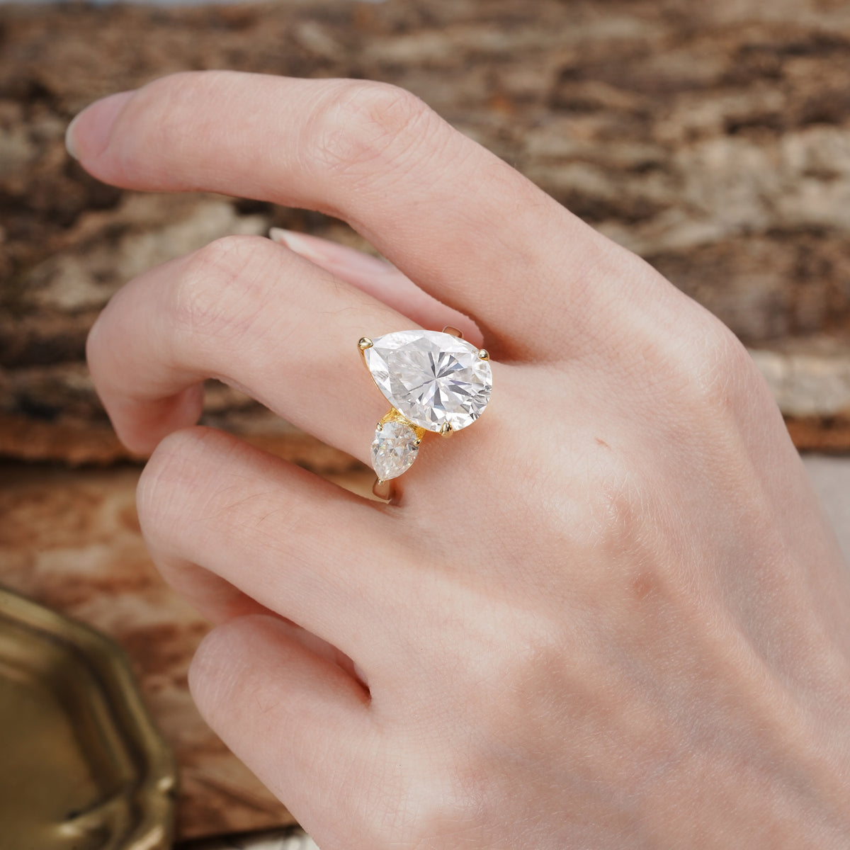 Classic, Minimalist 3-Prong Pear Cut Moissanite Two Stones Wedding Ring - Additional view