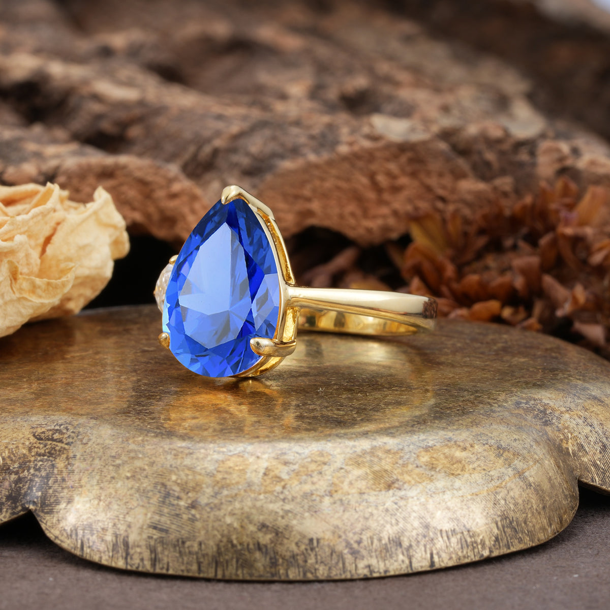 Classic, Minimalist 3-Prong Pear Cut Sapphire Two Stones Wedding Ring - Additional view