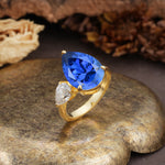 Classic, Minimalist 3-Prong Pear Cut Sapphire Two Stones Wedding Ring - Additional view
