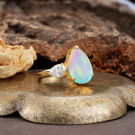 Classic, Minimalist 3-Prong Pear Cut Fire Opal Two Stones Wedding Ring - Additional view