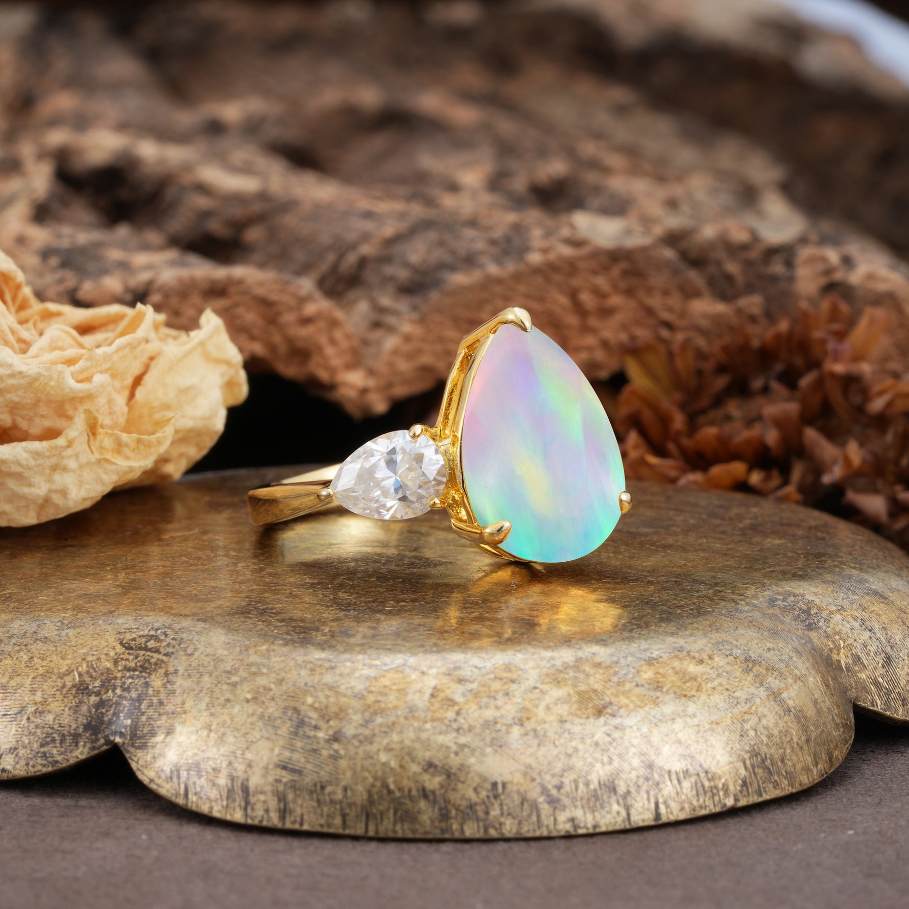 Classic, Minimalist 3-Prong Pear Cut Fire Opal Two Stones Wedding Ring - Additional view