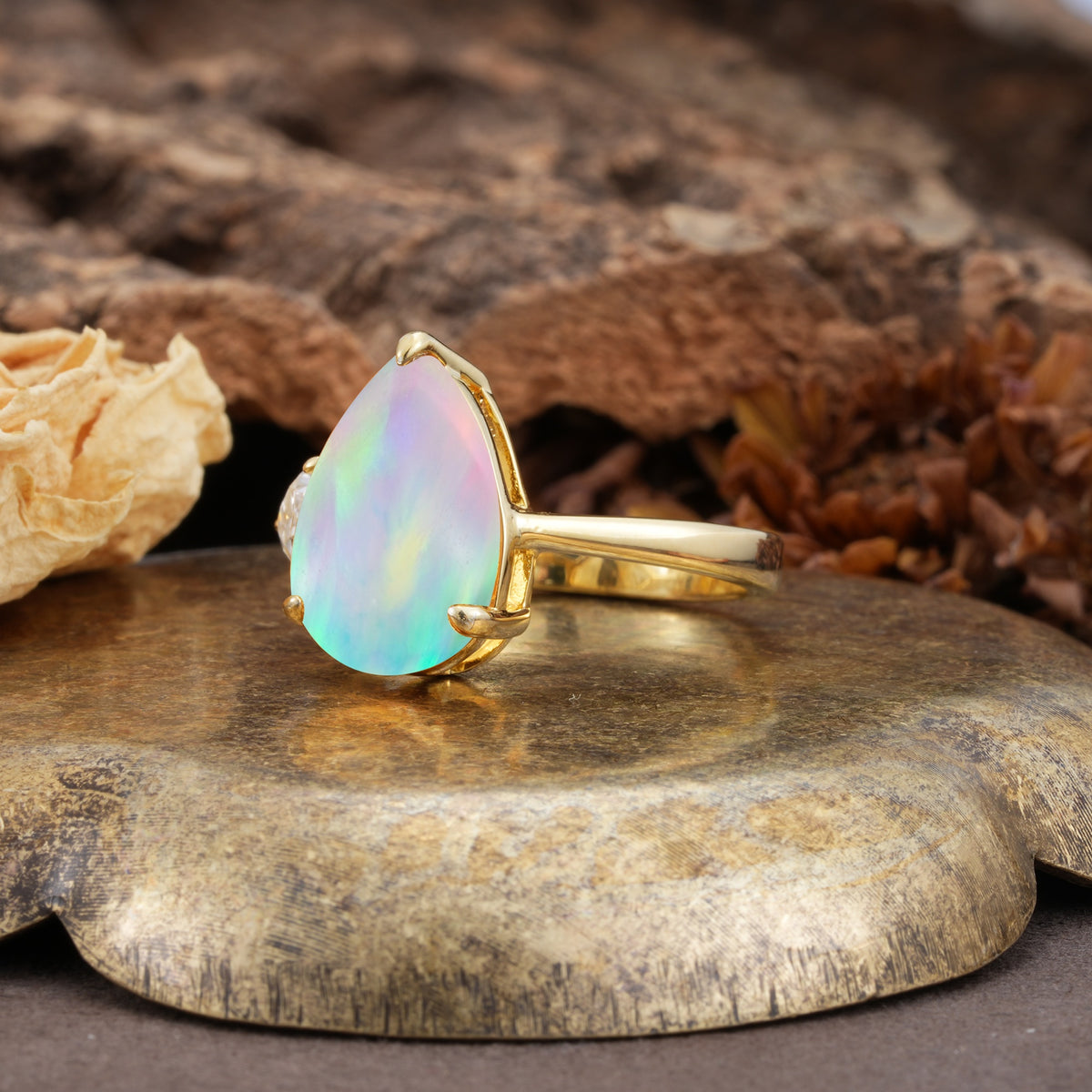 Classic, Minimalist 3-Prong Pear Cut Fire Opal Two Stones Wedding Ring - Additional view