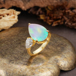 Classic, Minimalist 3-Prong Pear Cut Fire Opal Two Stones Wedding Ring - Additional view