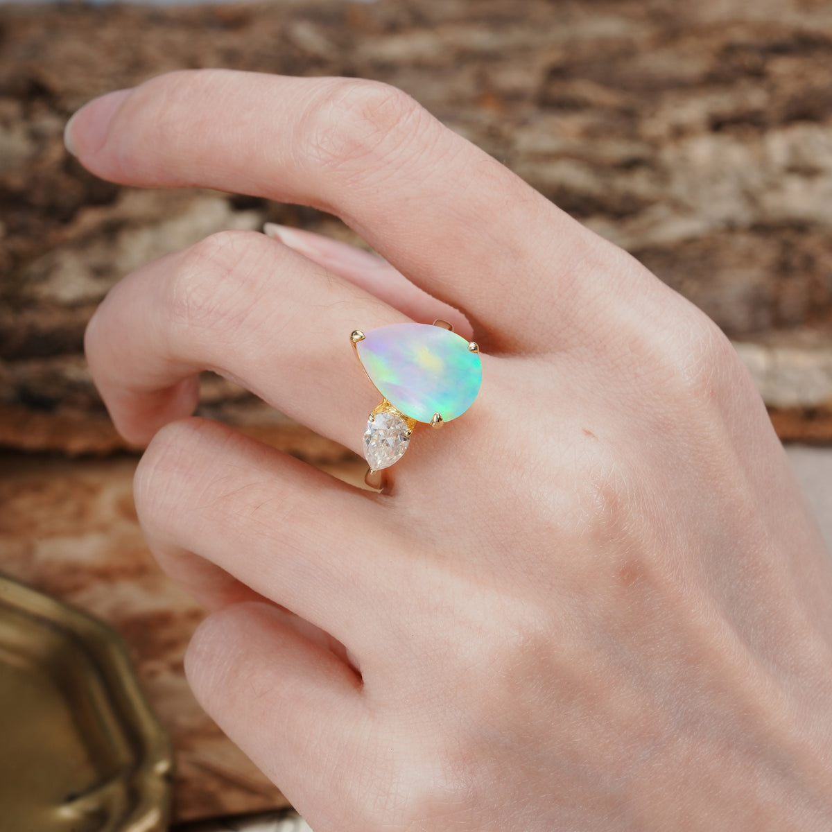 Classic, Minimalist 3-Prong Pear Cut Fire Opal Two Stones Wedding Ring - Additional view
