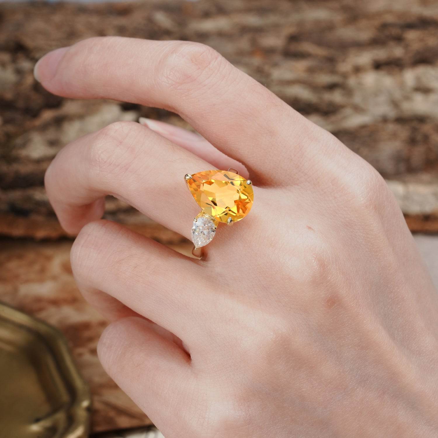 Classic, Minimalist 3-Prong Pear Cut Citrine Two Stones Wedding Ring