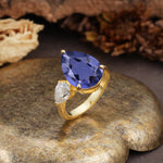 Classic, Minimalist 3-Prong Pear Cut Tanzanite Two Stones Wedding Ring - Additional view