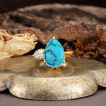 Classic, Minimalist 3-Prong Pear Cut Turquoise Two Stones Wedding Ring - Additional view