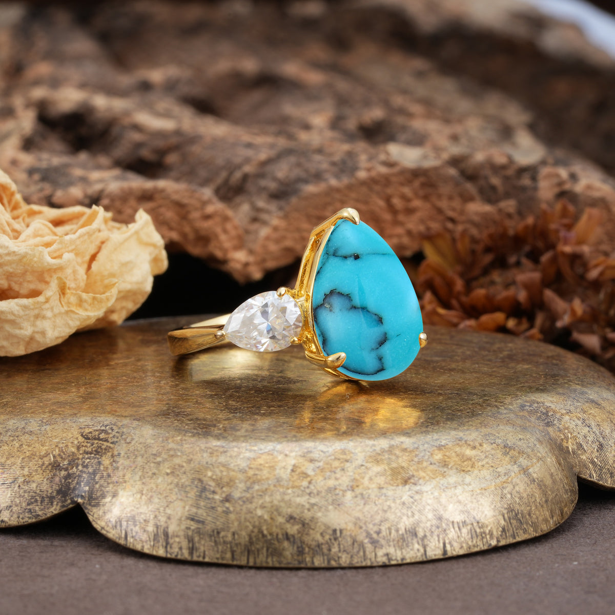 Classic, Minimalist 3-Prong Pear Cut Turquoise Two Stones Wedding Ring - Additional view