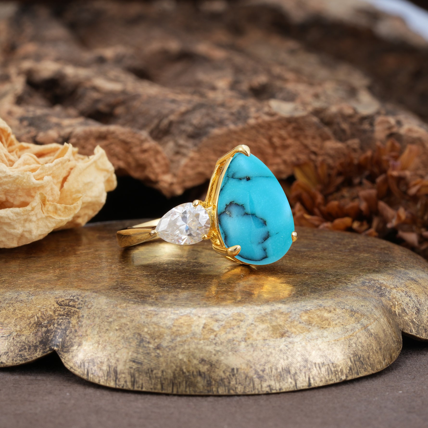 Classic, Minimalist 3-Prong Pear Cut Turquoise Two Stones Wedding Ring - Additional view