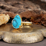 Classic, Minimalist 3-Prong Pear Cut Turquoise Two Stones Wedding Ring - Additional view