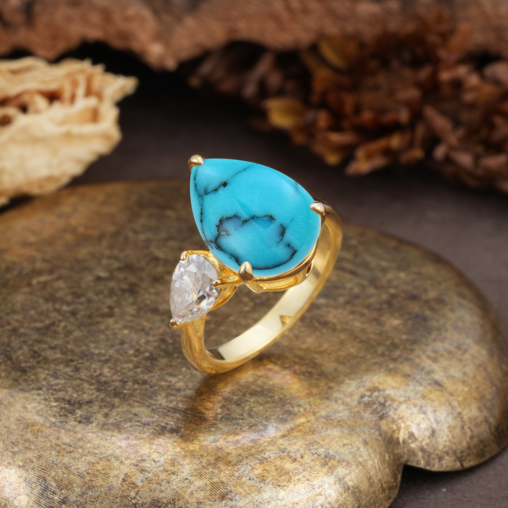 Classic, Minimalist 3-Prong Pear Cut Turquoise Two Stones Wedding Ring - Additional view