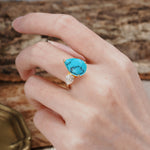 Classic, Minimalist 3-Prong Pear Cut Turquoise Two Stones Wedding Ring - Additional view