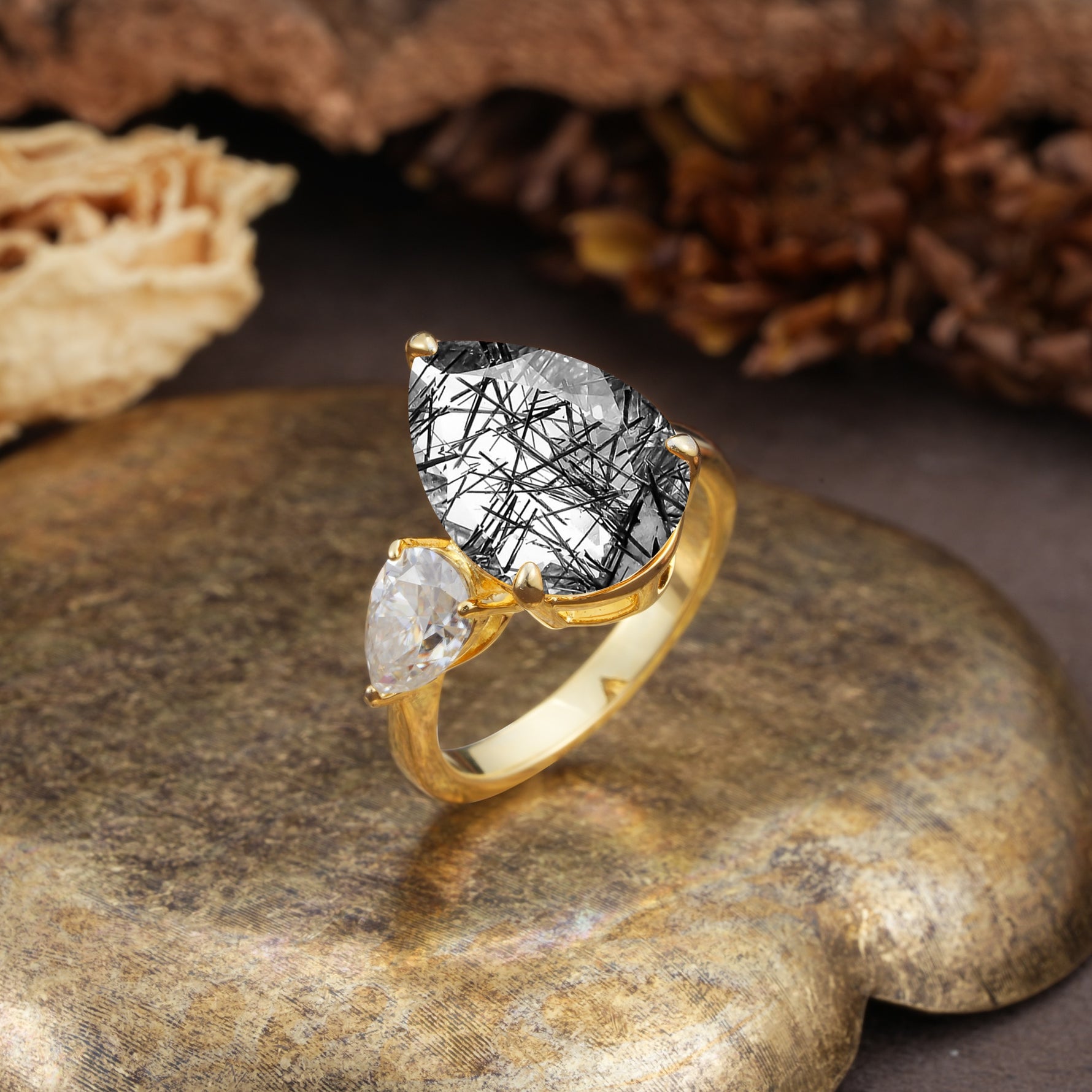 Classic, Minimalist 3-Prong Pear Cut Black Rutilated Quartz Two Stones Wedding Ring - Additional view