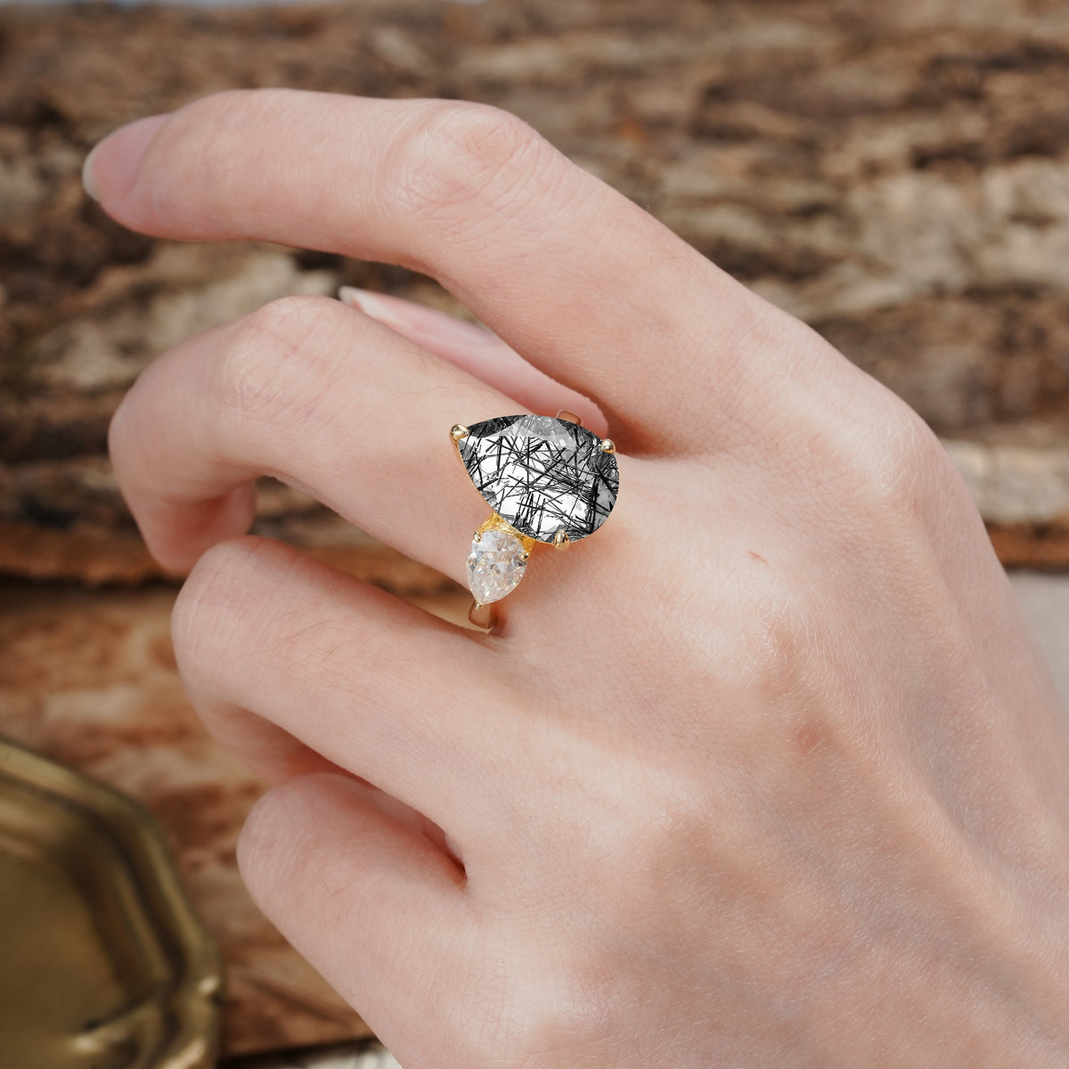 Classic, Minimalist 3-Prong Pear Cut Black Rutilated Quartz Two Stones Wedding Ring - Additional view