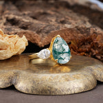 Classic, Minimalist 3-Prong Pear Cut Moss Agate Two Stones Wedding Ring - Additional view