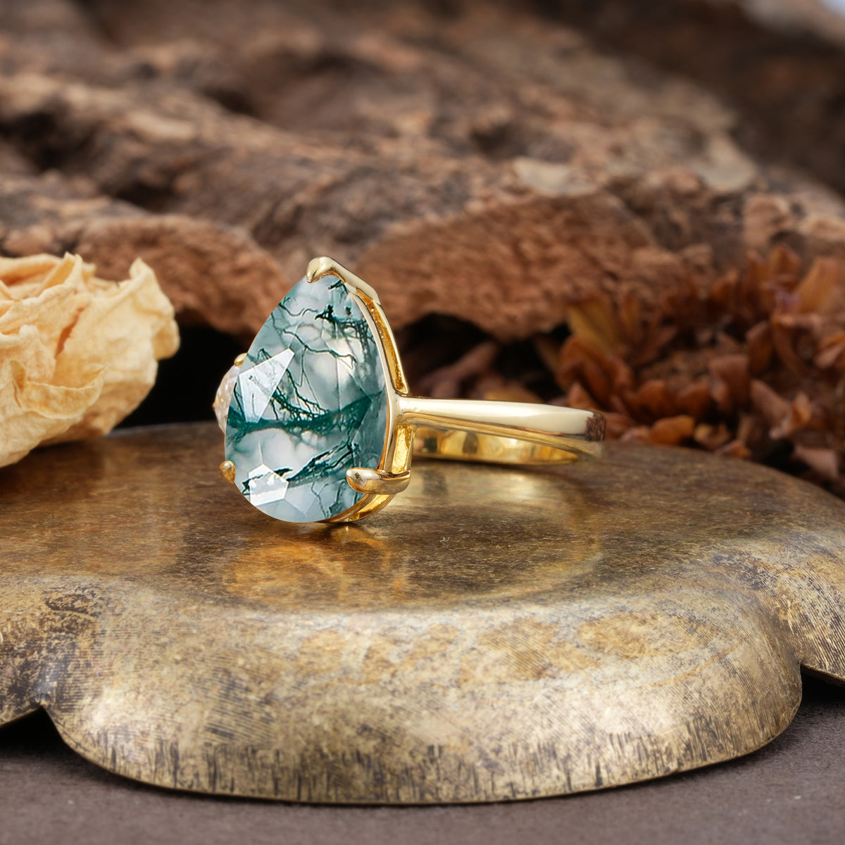 Classic, Minimalist 3-Prong Pear Cut Moss Agate Two Stones Wedding Ring - Additional view