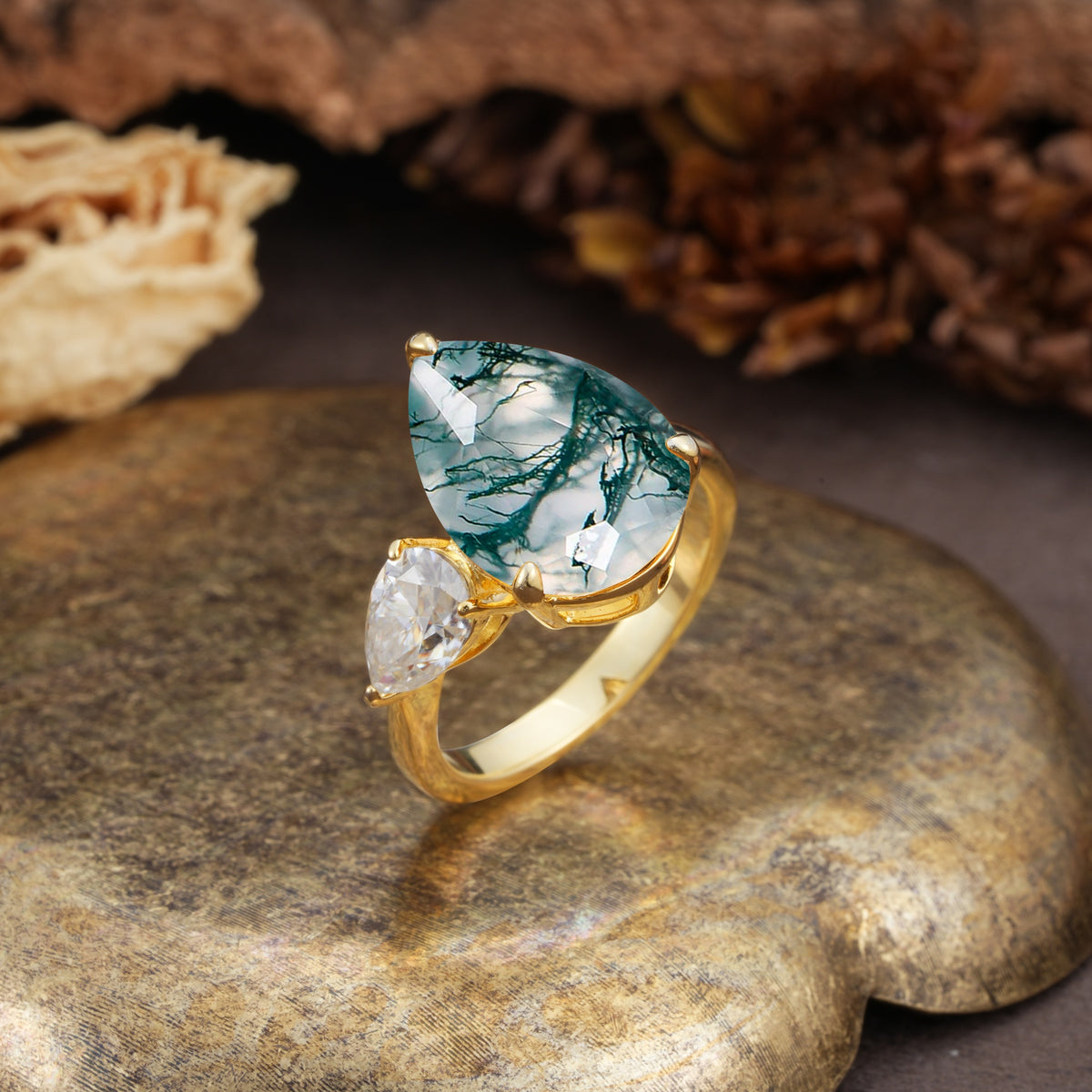 Classic, Minimalist 3-Prong Pear Cut Moss Agate Two Stones Wedding Ring - Additional view