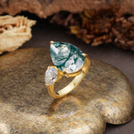 Classic, Minimalist 3-Prong Pear Cut Moss Agate Two Stones Wedding Ring - Additional view