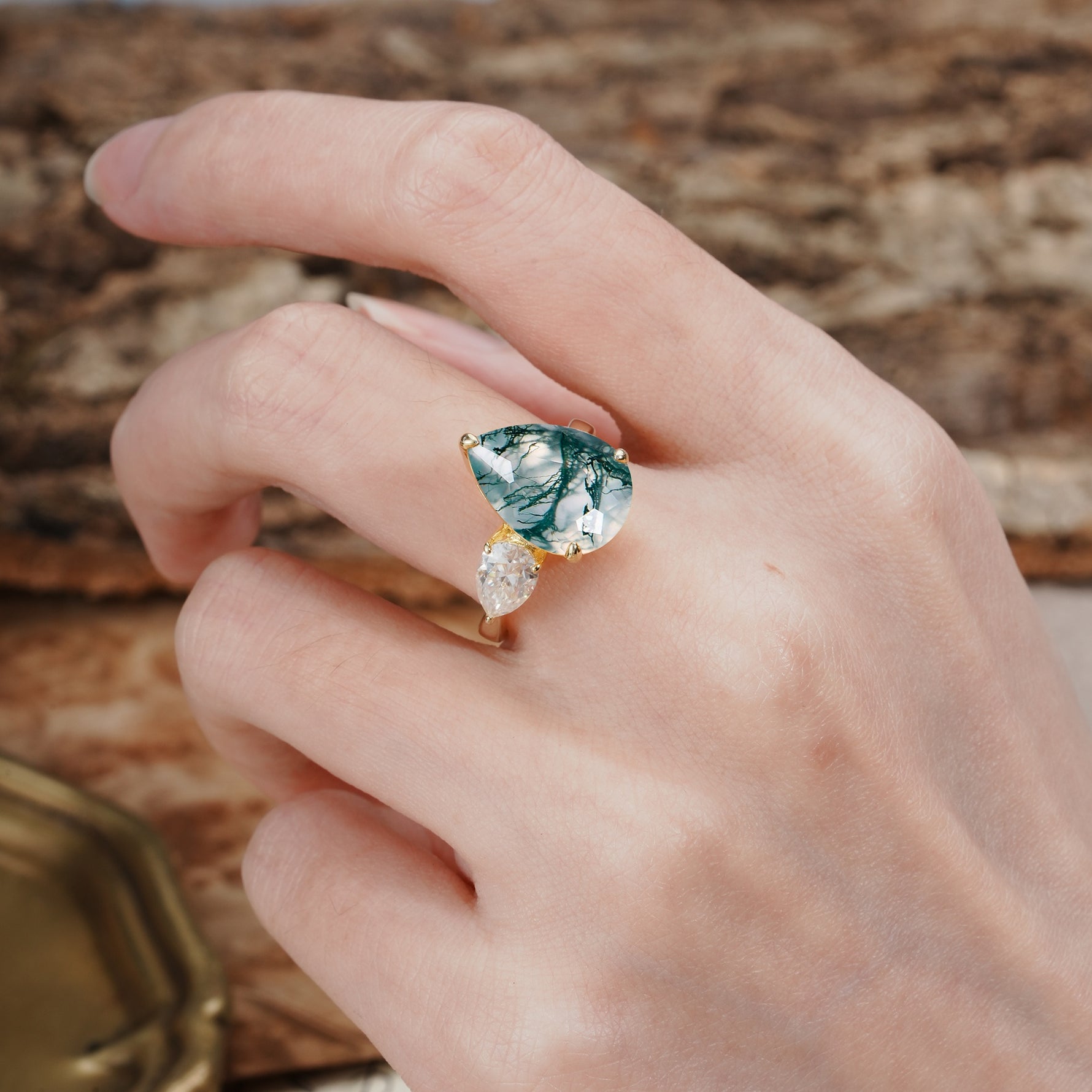 Classic, Minimalist 3-Prong Pear Cut Moss Agate Two Stones Wedding Ring - Additional view