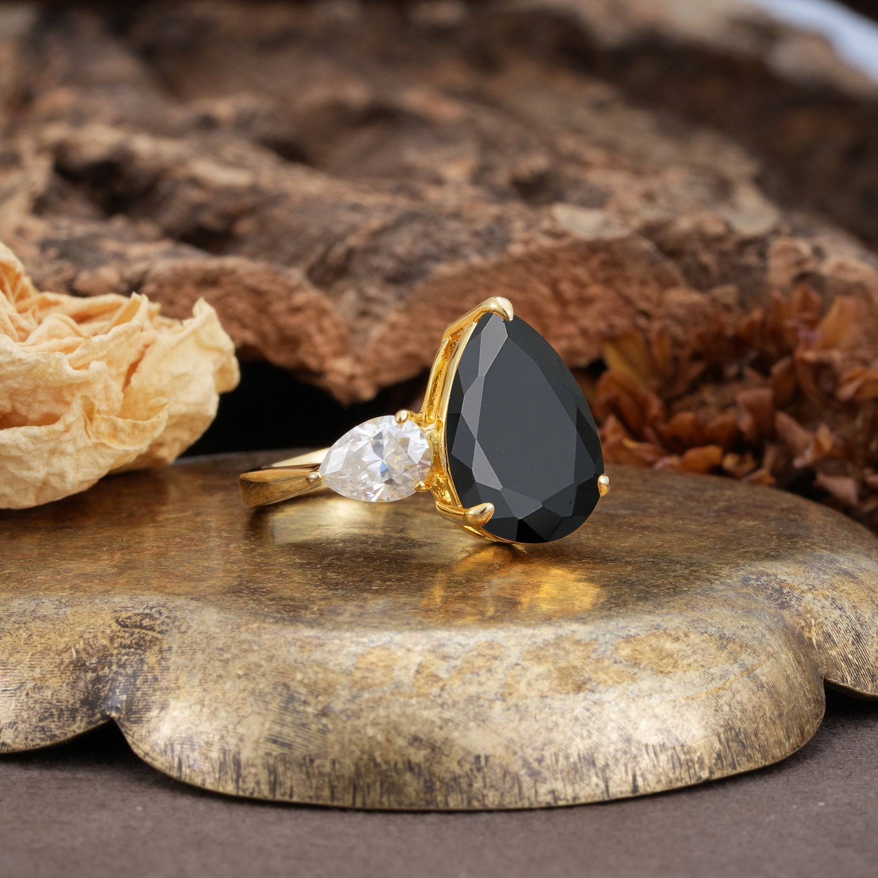 Classic, Minimalist 3-Prong Pear Cut Black Onyx Two Stones Wedding Ring - Additional view