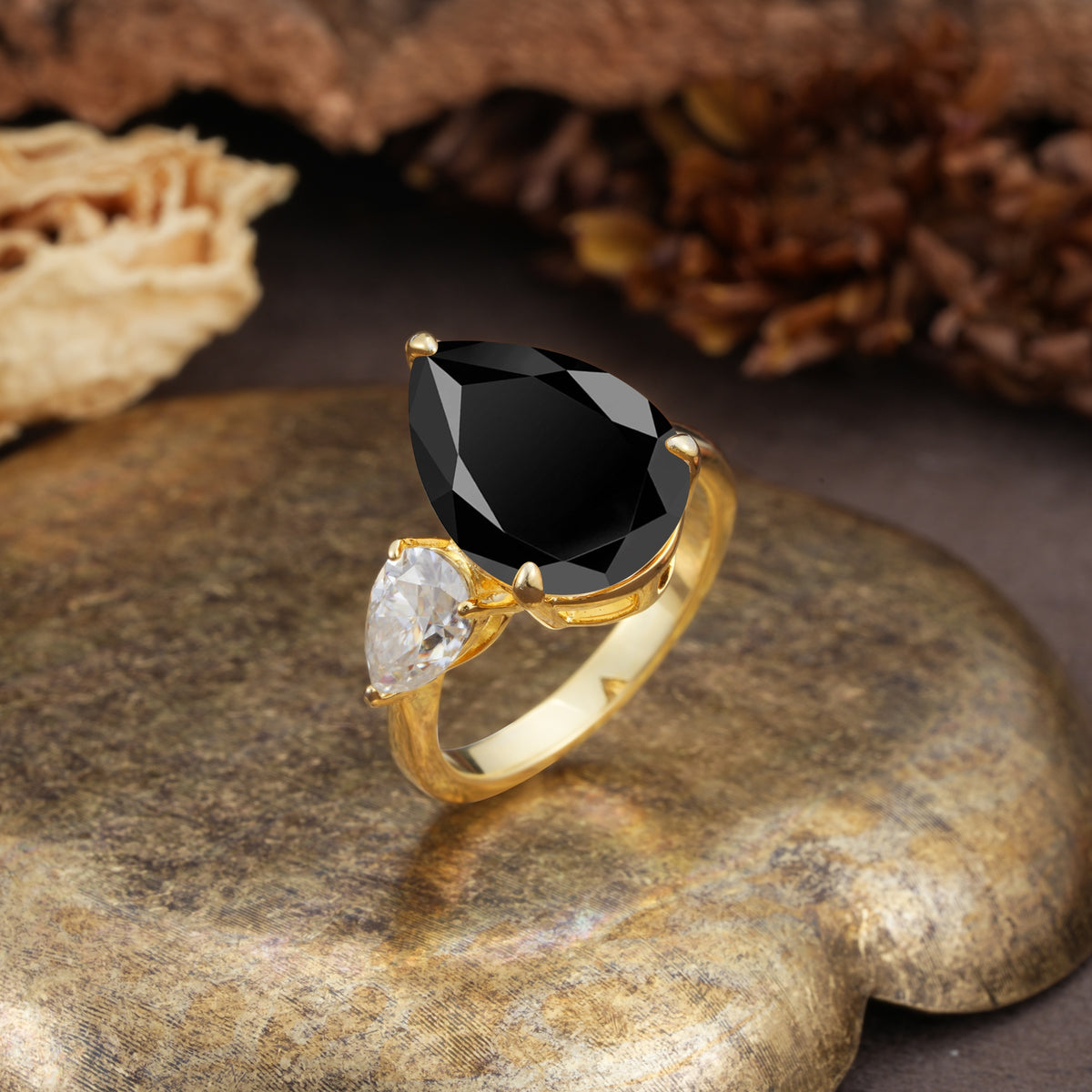 Classic, Minimalist 3-Prong Pear Cut Black Onyx Two Stones Wedding Ring - Additional view