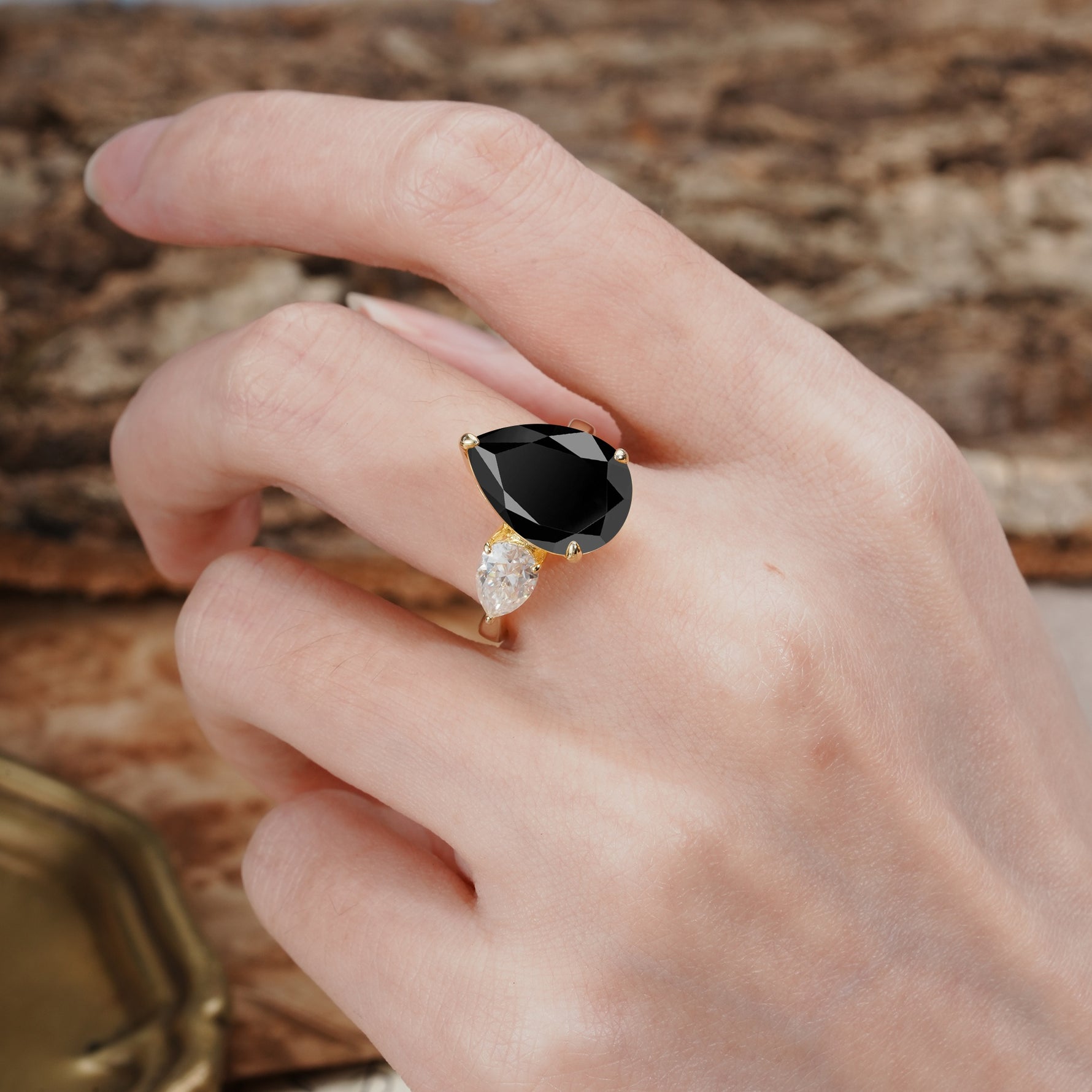 Classic, Minimalist 3-Prong Pear Cut Black Onyx Two Stones Wedding Ring - Additional view