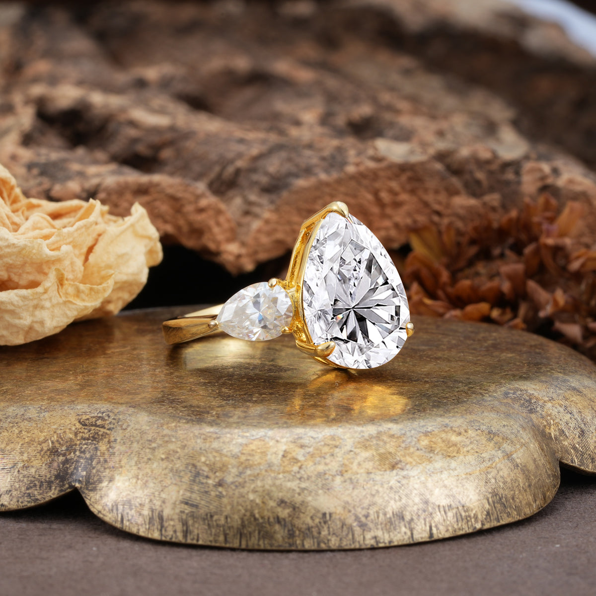 Classic, Minimalist 3-Prong Pear Cut Lab Diamond Two Stones Wedding Ring - Additional view