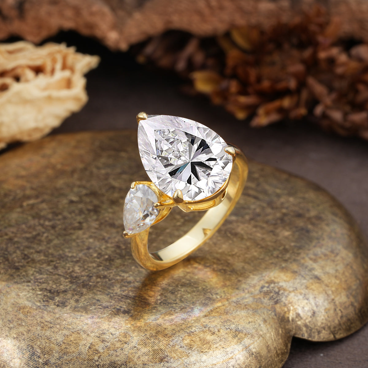 Classic, Minimalist 3-Prong Pear Cut Lab Diamond Two Stones Wedding Ring - Additional view