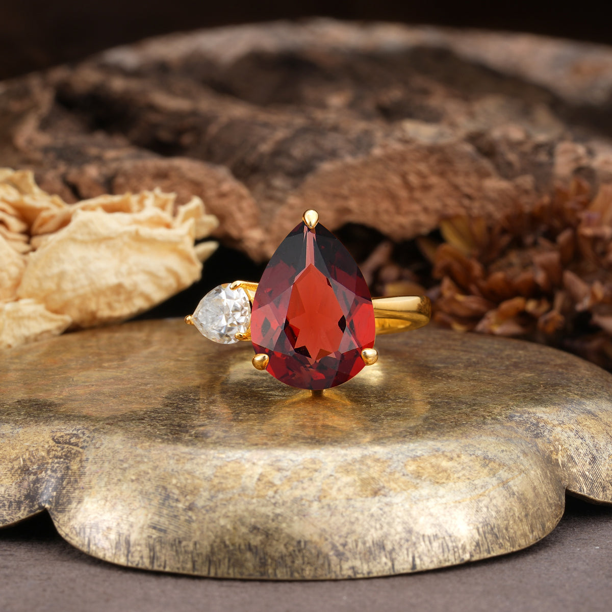 Classic, Minimalist 3-Prong Pear Cut Garnet Two Stones Wedding Ring - Additional view