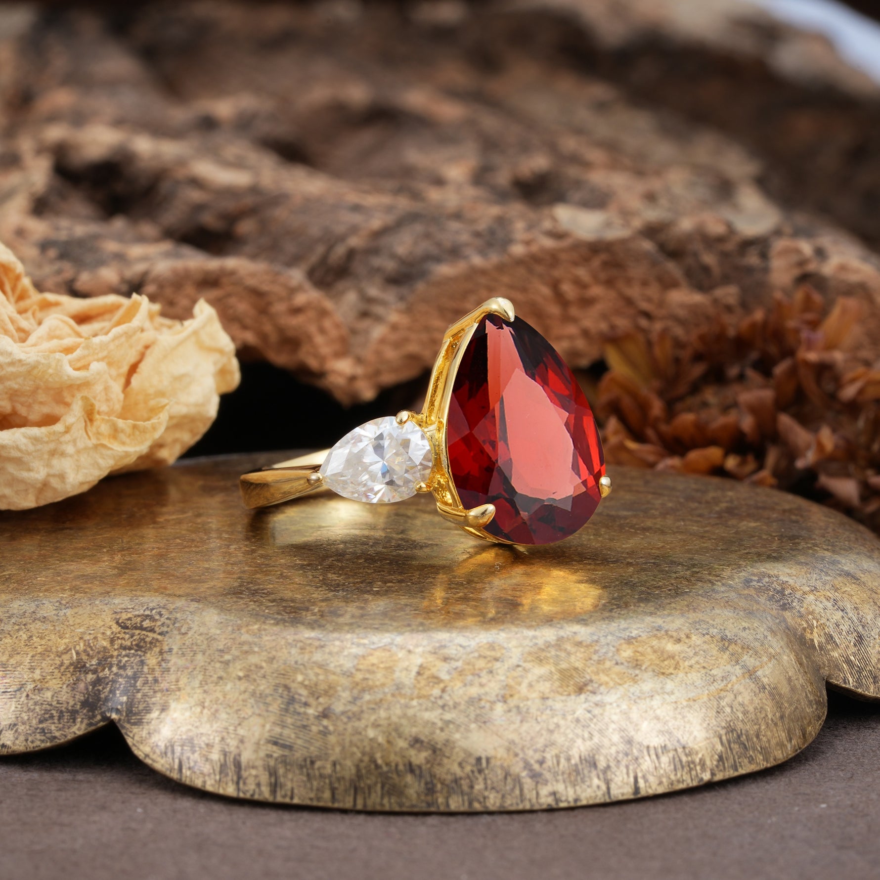 Classic, Minimalist 3-Prong Pear Cut Garnet Two Stones Wedding Ring - Additional view