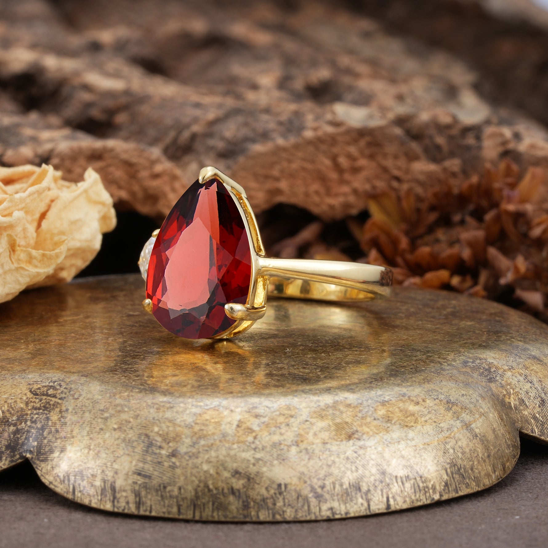 Classic, Minimalist 3-Prong Pear Cut Garnet Two Stones Wedding Ring - Additional view