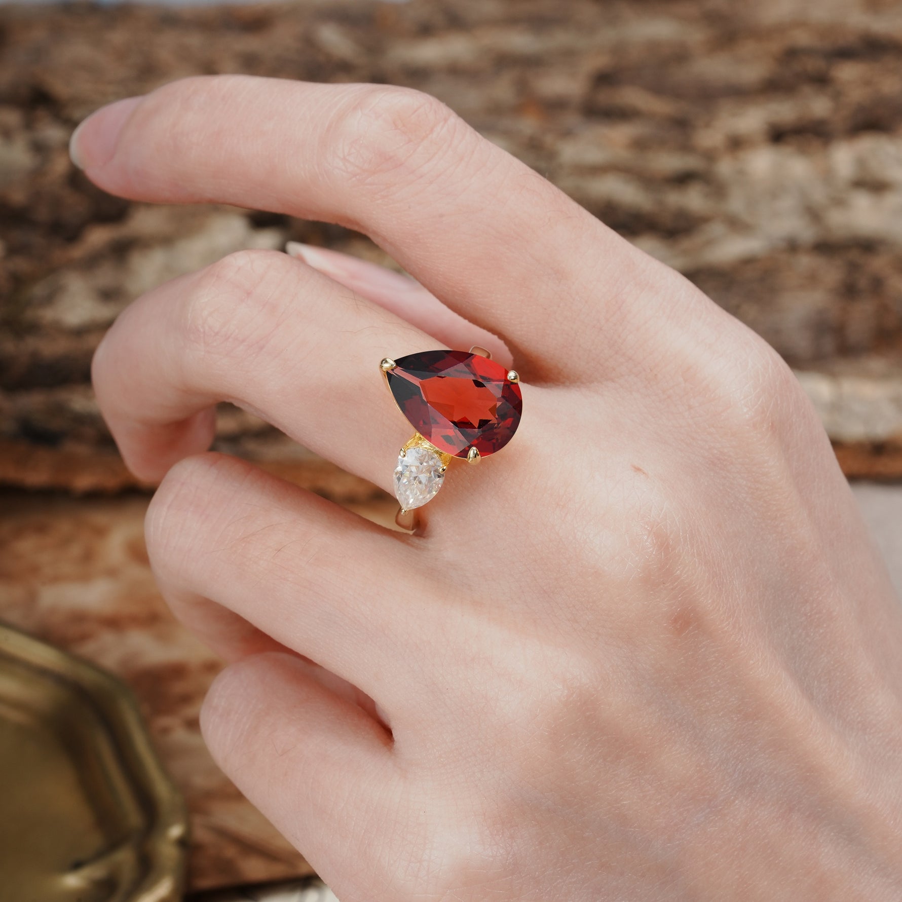 Classic, Minimalist 3-Prong Pear Cut Garnet Two Stones Wedding Ring - Additional view