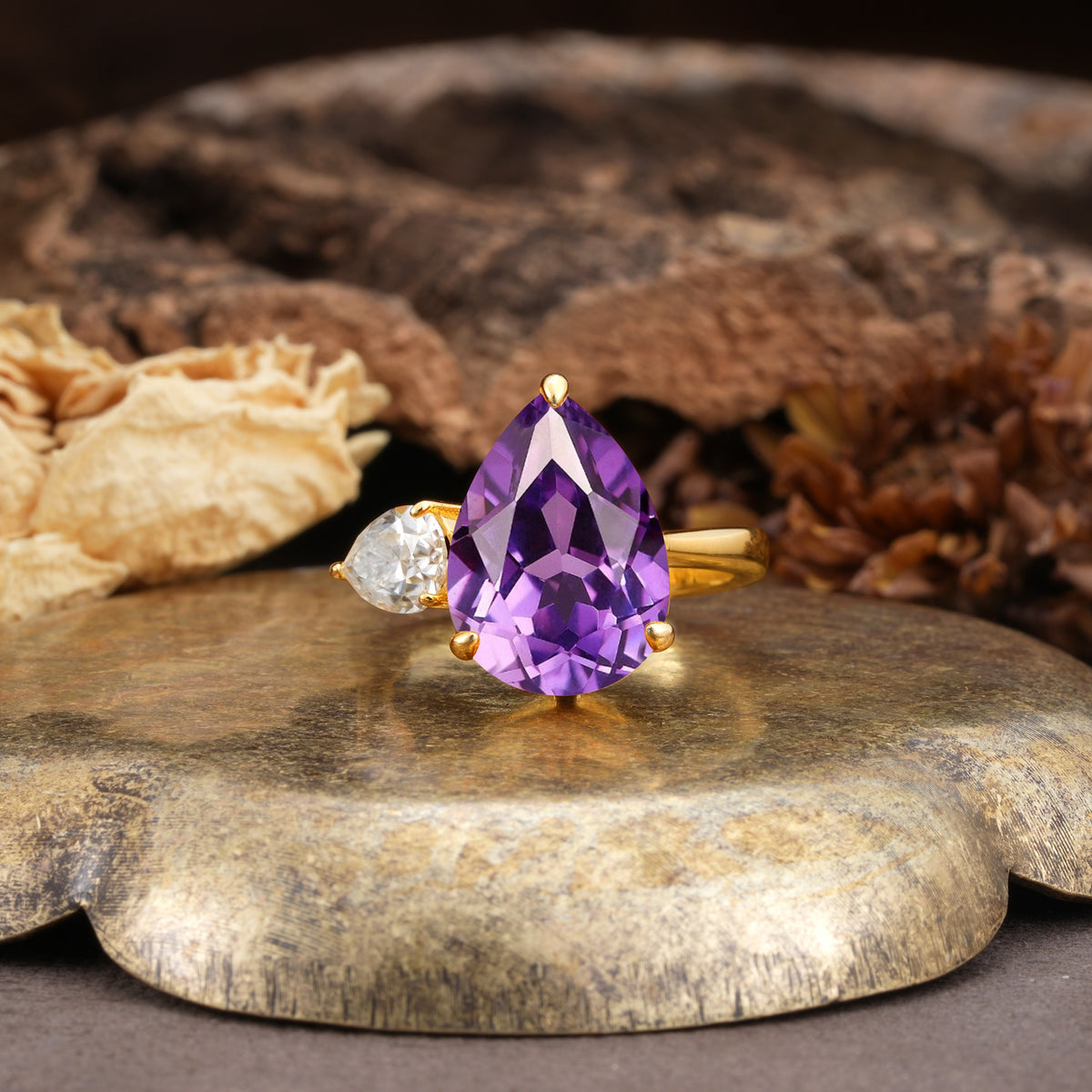 Classic, Minimalist 3-Prong Pear Cut Amethyst Two Stones Wedding Ring - Additional view
